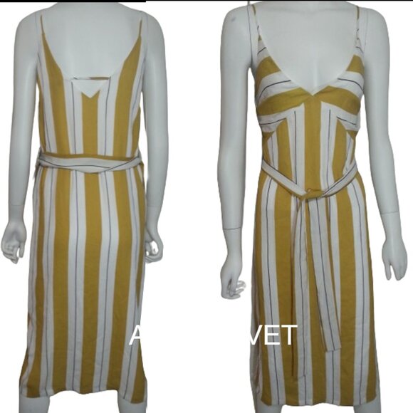 Dee Elly Nordstrom Mustard Yellow White Striped Belted MIDI Dress Size M - Picture 3 of 8